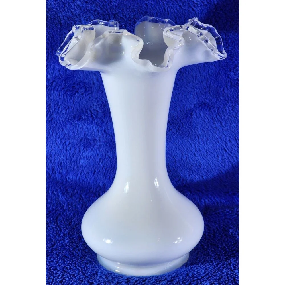 Vintage Fenton-Style Silver Crest Milk Glass Vase w/Clear Double Crimped Lip